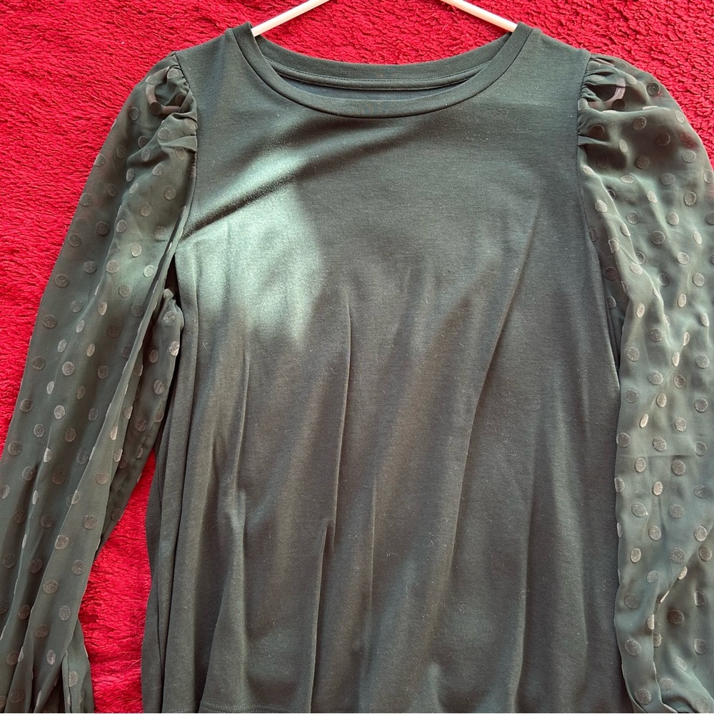 LOFT Green Top with Sheer Polka Dot Sleeves